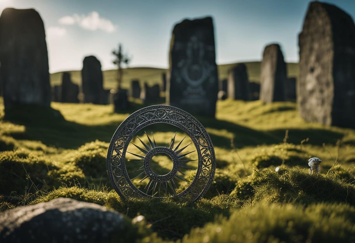 Irish Spirits - A banshee hovers over a stone circle, surrounded by protective symbols and offerings. Other Irish spirits lurk in the shadows, their presence felt but unseen
