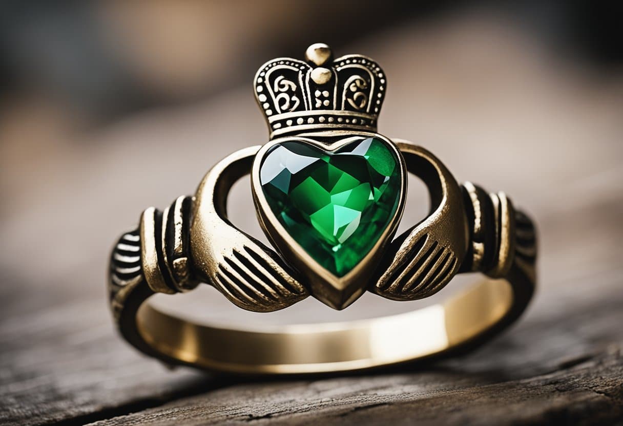 A traditional Claddagh ring rests on a weathered wooden table, surrounded by symbols of Irish folklore and history