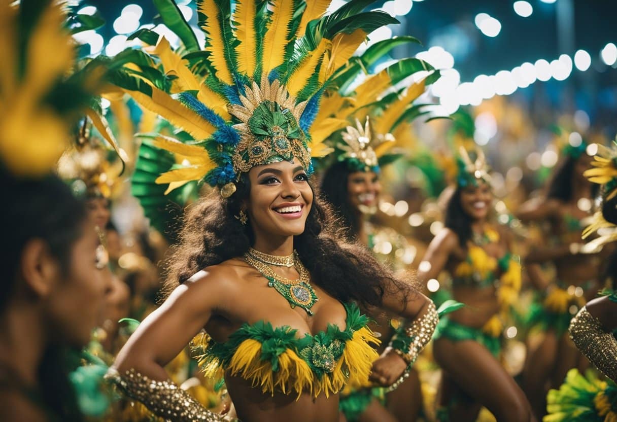 A colorful parade of floats and dancers, representing diverse cultural themes, moves through the streets of Rio de Janeiro during Carnival