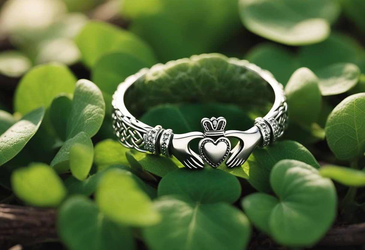 A Claddagh ring resting on a bed of shamrocks, with a Celtic knot in the background