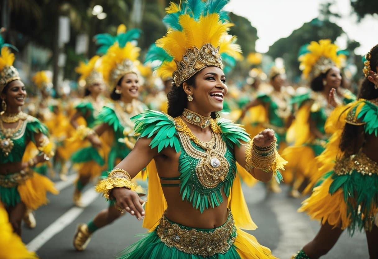 A vibrant parade of samba dancers, drummers, and floats fills the streets with colorful costumes and lively music, showcasing the rich culture of Rio's Samba Schools