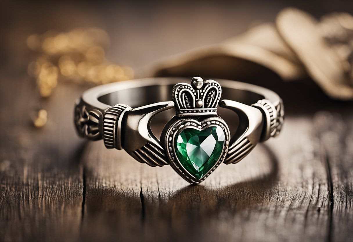 A traditional Claddagh ring rests on a weathered wooden table, surrounded by symbols of love, loyalty, and friendship