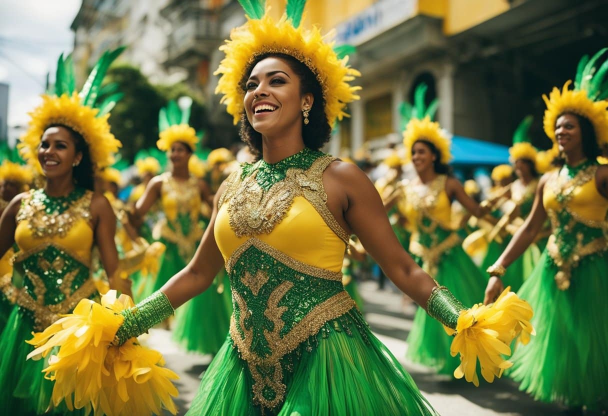 Vibrant samba dancers, colorful floats, and energetic drummers parade through the streets of Rio, showcasing the resilience and creativity of the samba schools despite modern challenges