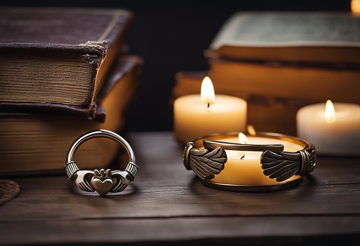 A Claddagh ring rests on a weathered wooden table, surrounded by old books and a map of Ireland. A candle flickers nearby, casting a warm glow on the ancient symbol of love, loyalty, and friendship
