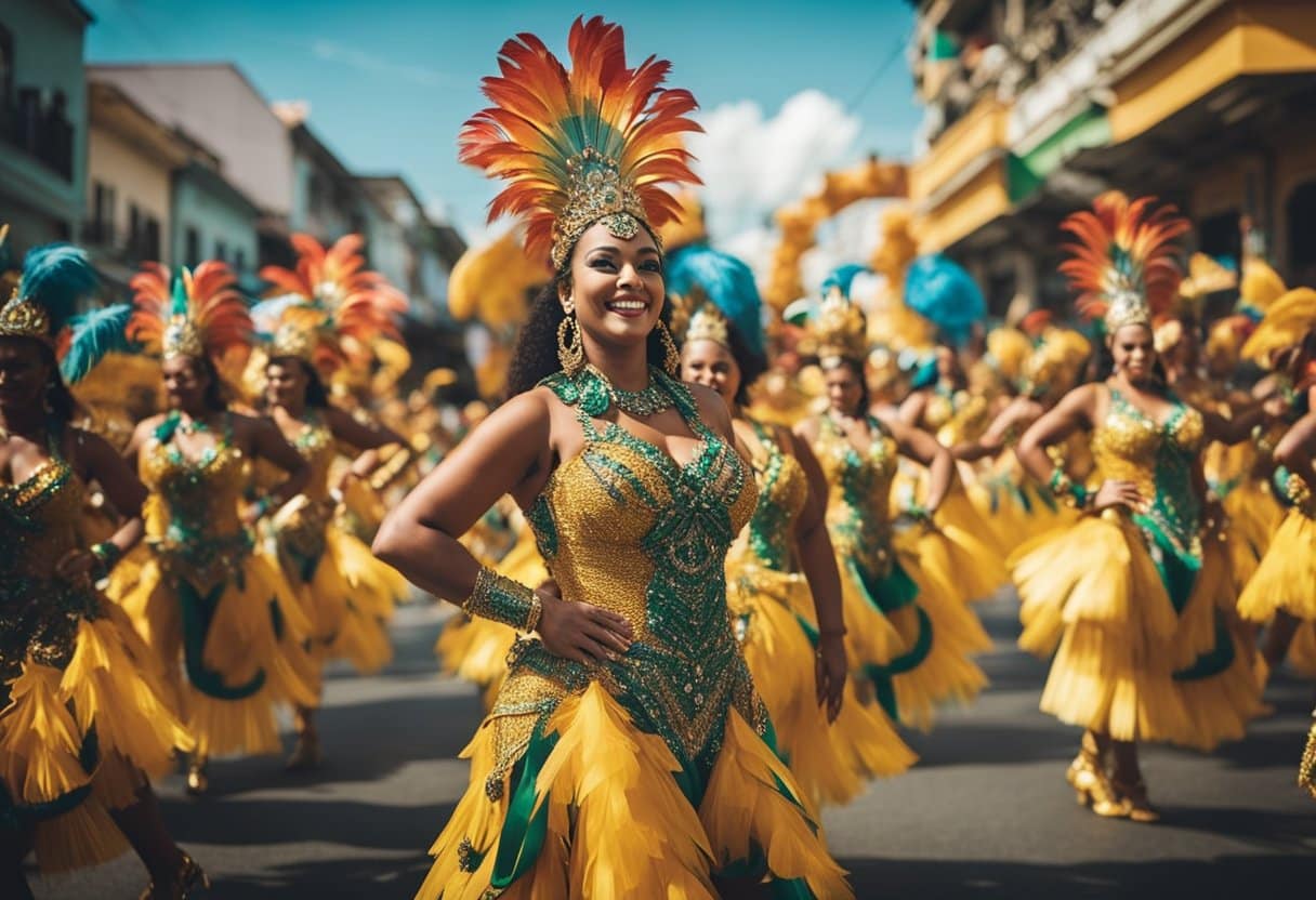 A vibrant parade of colorful floats and dancers fills the streets of Samba City, pulsating with the infectious rhythms of Rio's Carnival