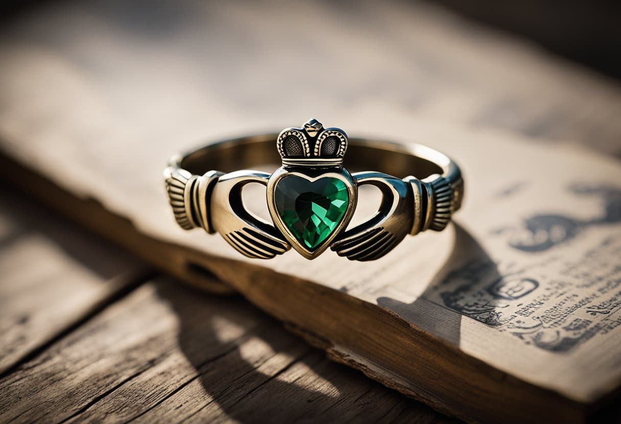 A Claddagh ring rests on a weathered wooden table, surrounded by old family photographs and a handwritten note. Its intricate design and rich history are evident, symbolizing love, loyalty, and friendship