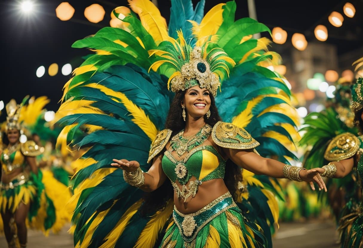 Vibrant floats and costumes fill the streets, showcasing the rich cultural heritage and African influences of the Samba Schools in Rio's Carnival