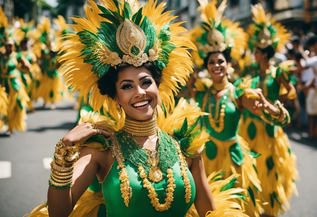 Vibrant floats and dancers parade through Rio's streets, showcasing the rich culture and tradition of the Samba Schools during Carnival