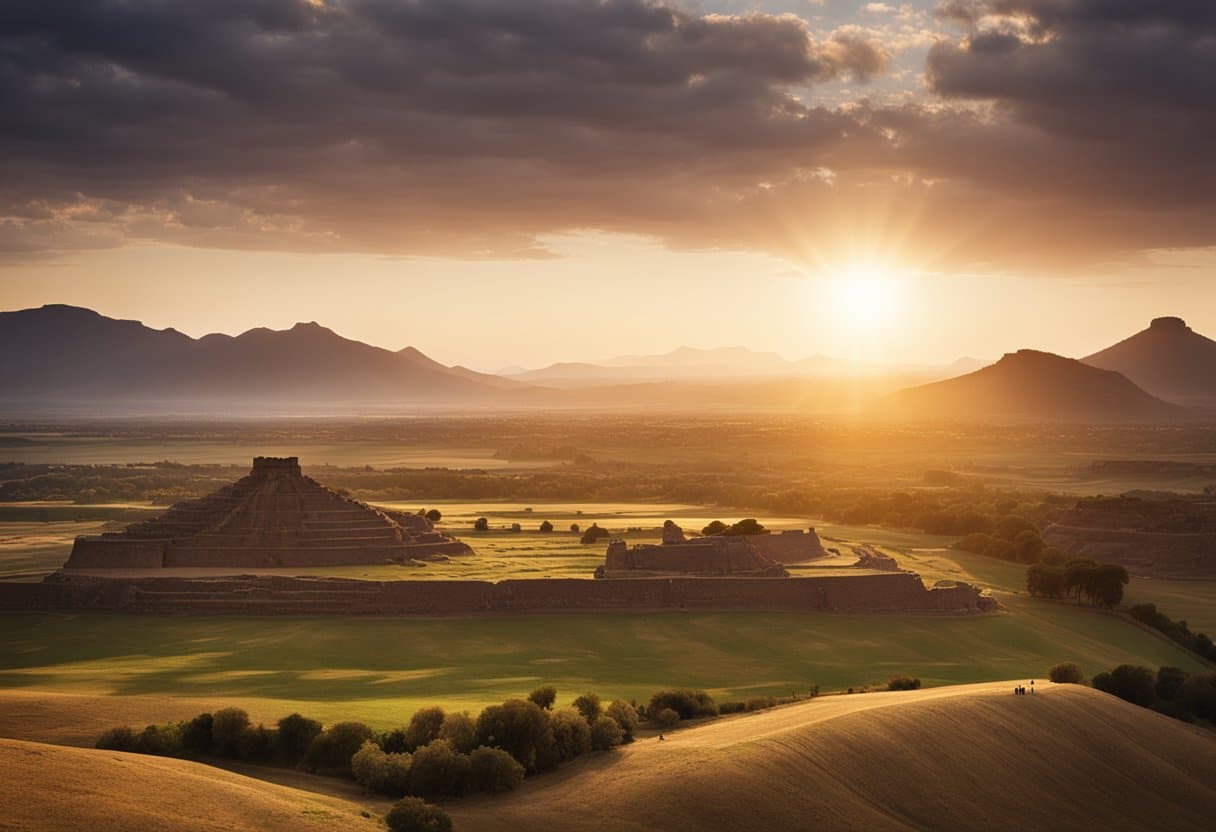 A vast river winds through fertile plains, flanked by ancient ruins and towering ziggurats. The sun sets behind a distant city, casting a warm glow over the historic landscape