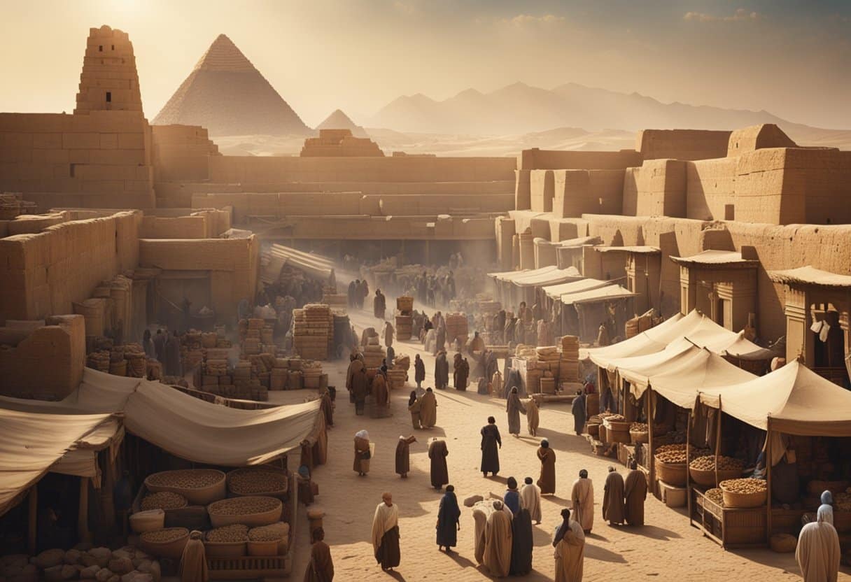 A bustling market in ancient Mesopotamia with merchants selling goods and customers haggling over prices, while a grand ziggurat looms in the background