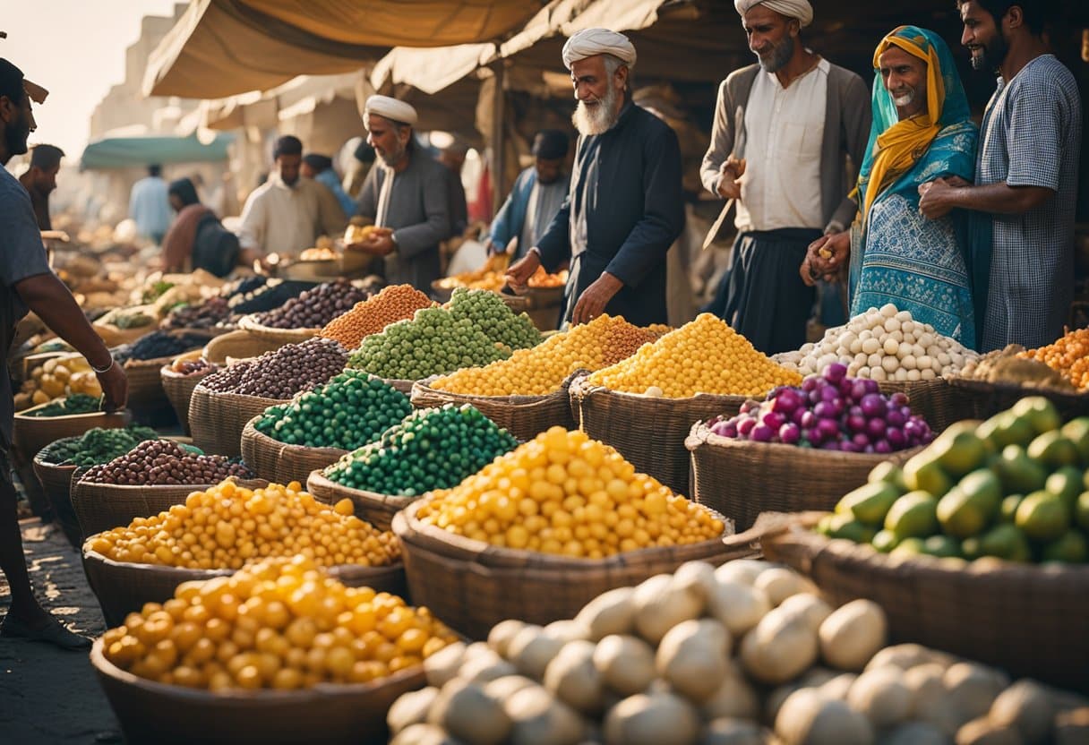 Vibrant market scene in ancient Mesopotamia with bustling merchants and colorful goods displayed in the open-air market