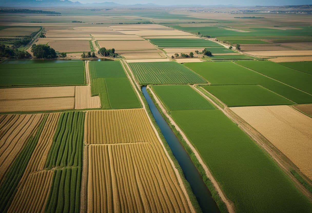 Vibrant fields of wheat and barley surround ancient irrigation canals, while farmers plow the fertile land with oxen. City dwellers trade goods in bustling marketplaces, surrounded by towering ziggurats and temples