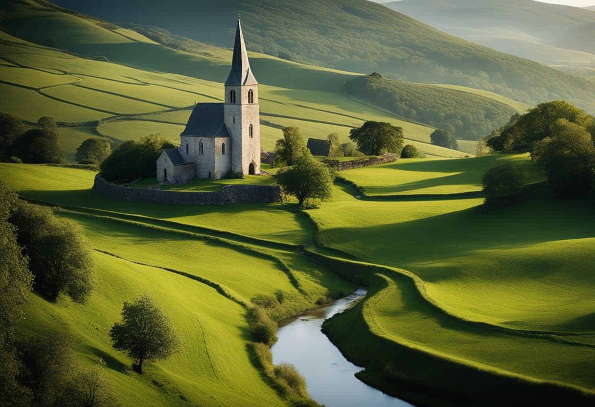 A serene countryside landscape with rolling hills, a winding river, and a quaint church nestled among ancient Celtic ruins