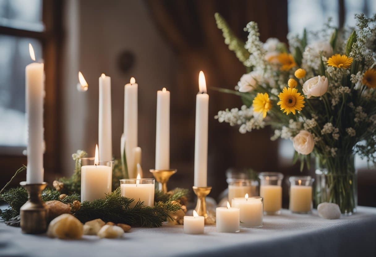 Imbolc festival: lit candles, fresh flowers, and offerings on an altar, symbolizing the arrival of spring and new beginnings