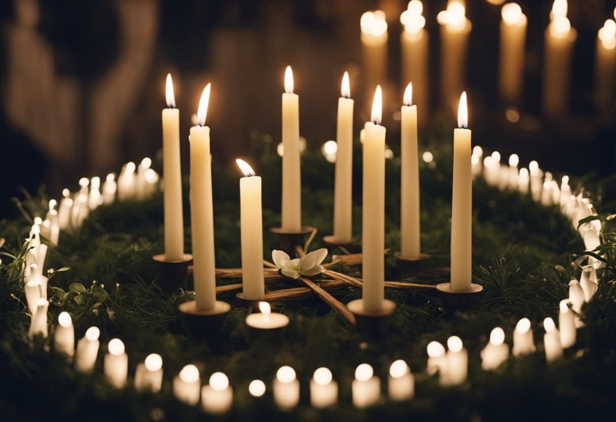 Imbolc festival: candles lit in a circle, symbolizing the returning light. Brigid's cross and snowdrops displayed. People gathered in celebration