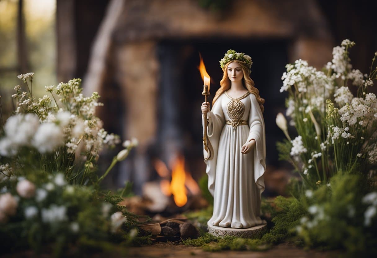 Imbolc Festival - Goddess Brigid stands amidst blooming flowers, symbolizing Imbolc's arrival and the promise of spring. A hearth fire burns in the background, representing her role as a protector of home and hearth