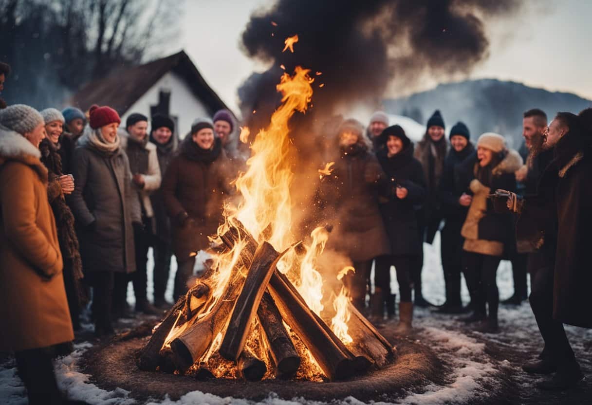 Imbolc Festival - A bonfire blazing in the center of a village, surrounded by people dancing and singing in celebration of Imbolc's transition into Christian traditions