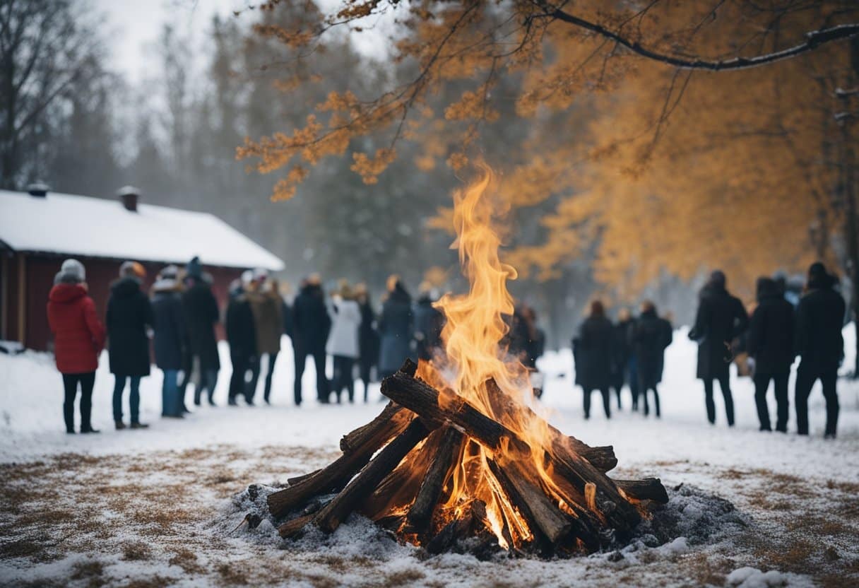 Imbolc festival: ancient stone circle, bonfire, people in traditional clothing, snowdrops blooming, sun rising over the horizon