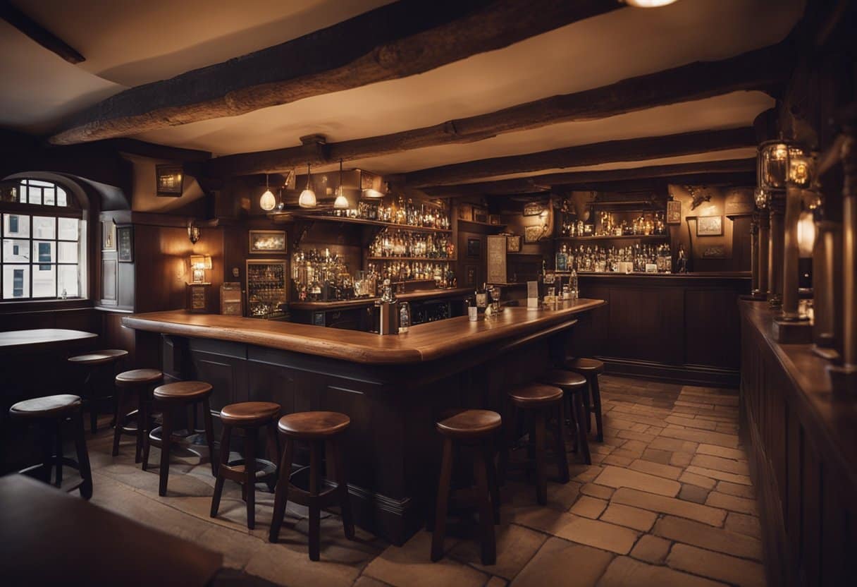 A cozy, dimly lit pub with ancient wooden beams and a crackling fireplace. Historical artifacts and memorabilia line the walls, telling the story of centuries of revelry and tradition