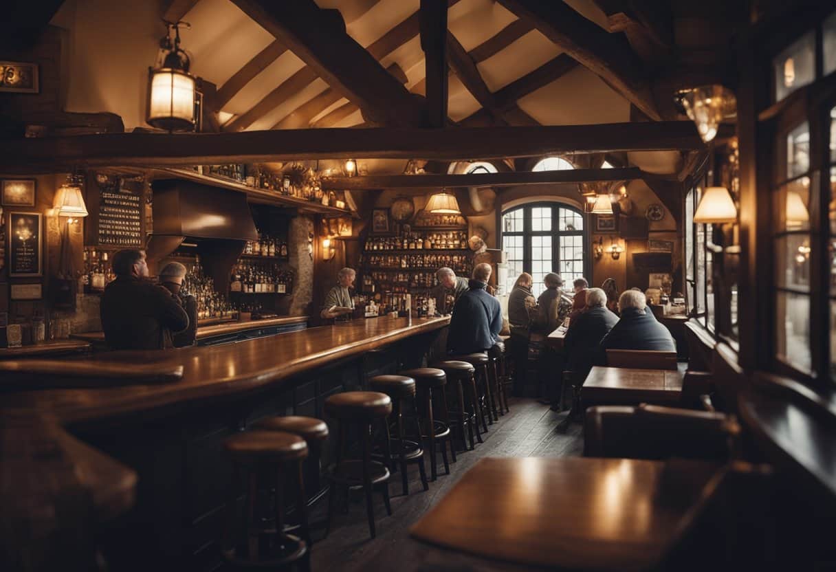 A cozy, dimly lit pub with wooden beams and a crackling fireplace. Patrons gather around the bar, sipping on pints of ale and sharing stories. The walls are adorned with vintage memorabilia and old photographs, creating a nostalgic atmosphere