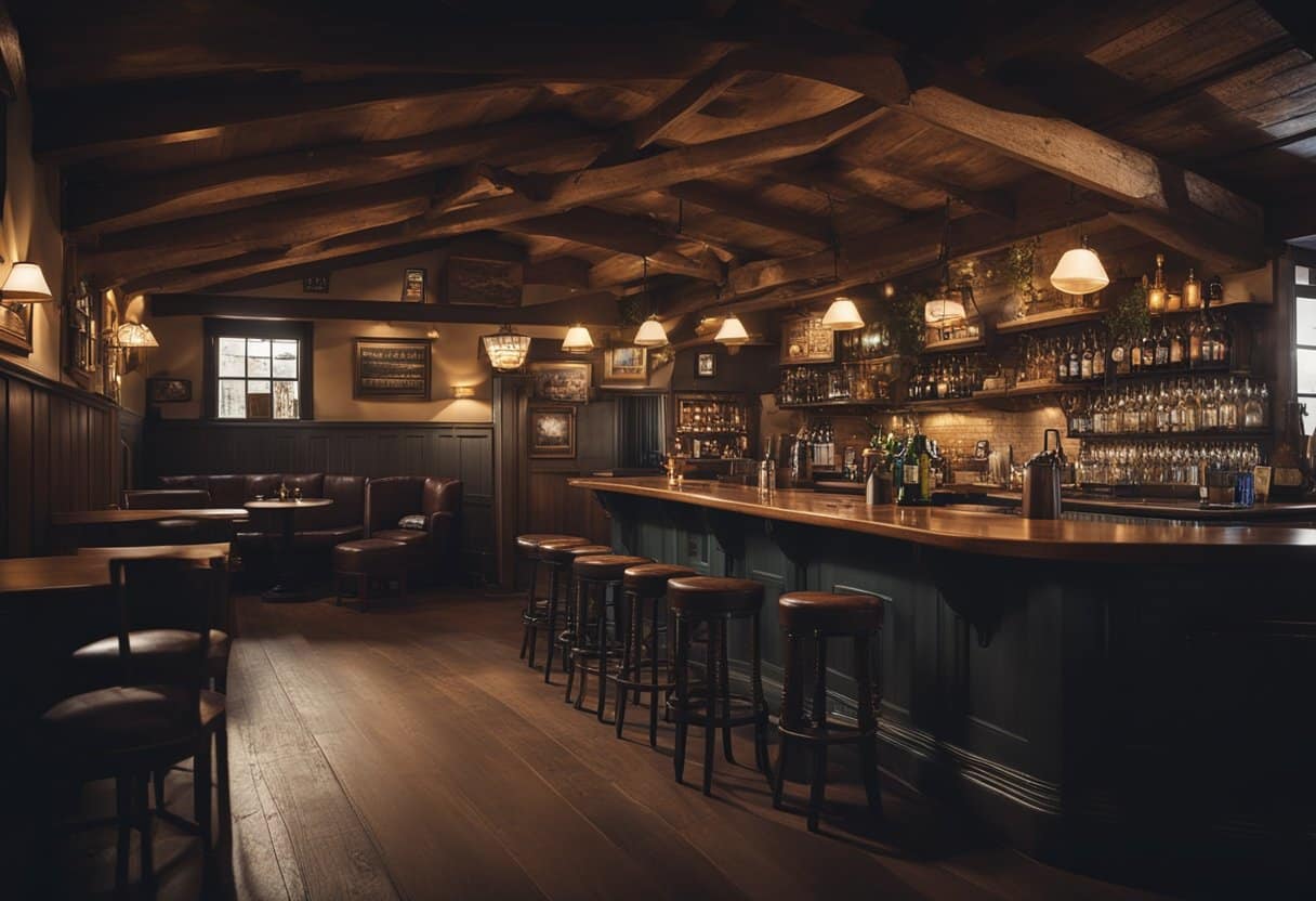 A cozy, dimly lit pub with wooden beams, vintage decor, and historic artifacts on the walls. Patrons enjoy drinks and conversation in the warm, inviting atmosphere