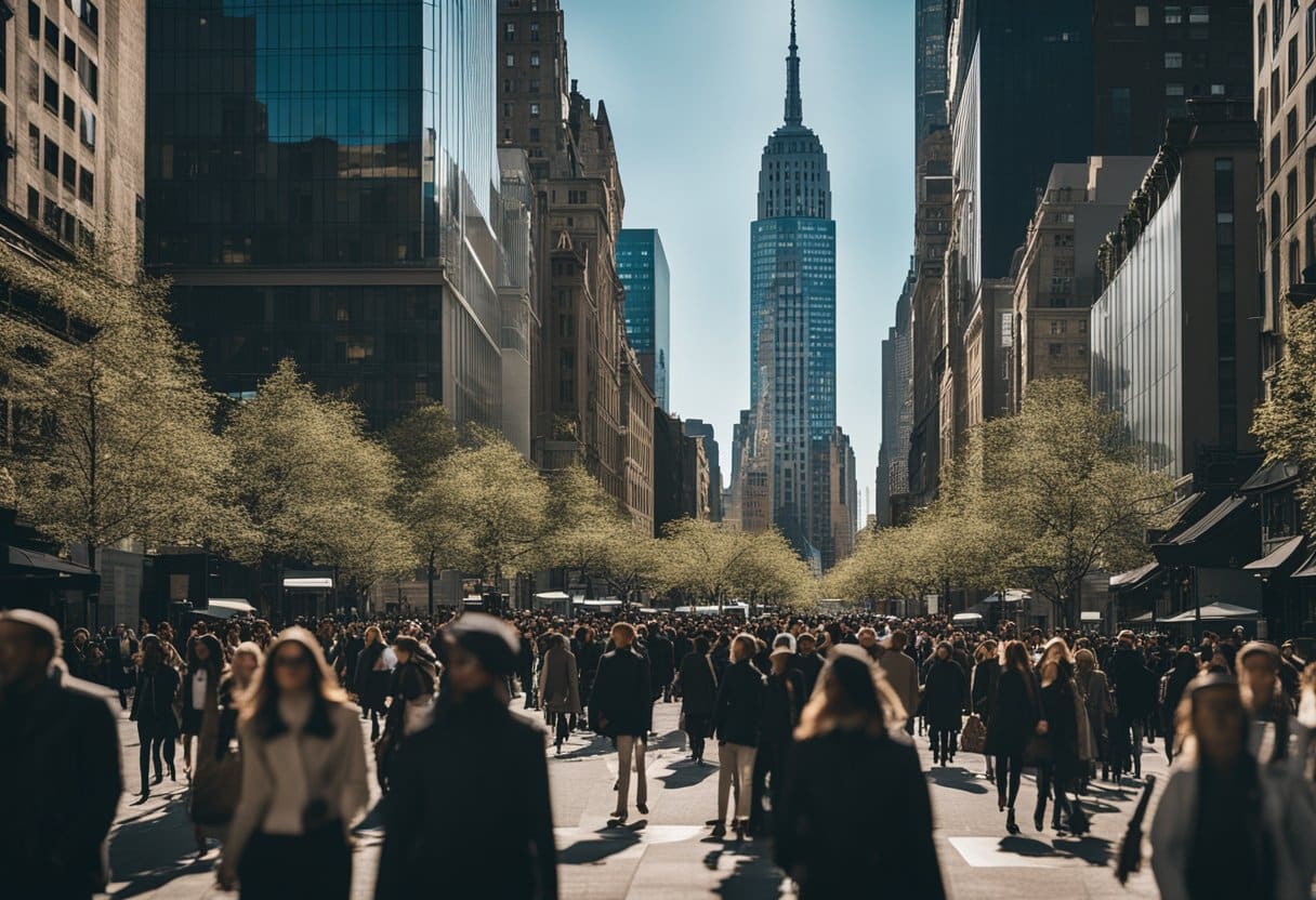 The bustling streets of Manhattan are lined with high-end fashion boutiques and designer stores. Skyscrapers tower above, casting shadows on the stylish crowd below