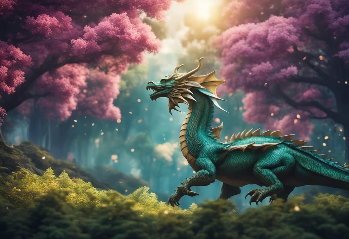 Mystical creatures in global folklore  - A majestic dragon soars through a vibrant sky, while a graceful unicorn peacefully grazes in a lush, enchanted forest