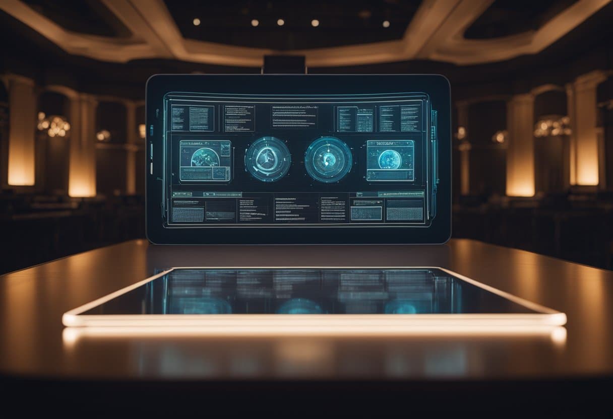 A glowing tablet displays ancient myths as a holographic projection, captivating a modern audience in a dimly lit room