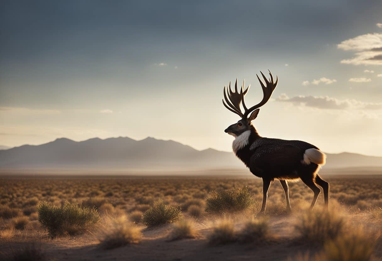 Mystical creatures in global folklore - A thunderbird soars above a desert landscape, while a chupacabra lurks in the shadows. A jackalope bounds through the prairie, and a sasquatch watches from the dense forest