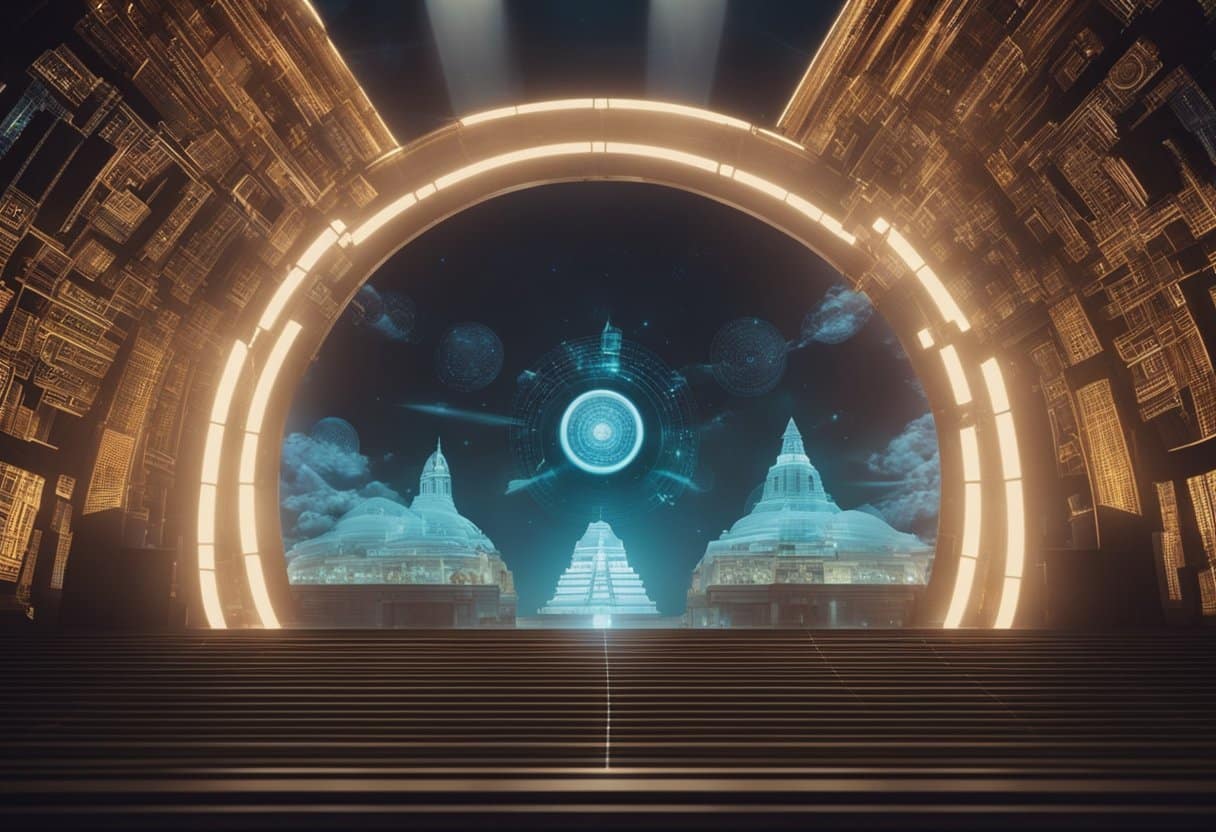 Ancient myths come to life through futuristic holographic projections in a modern setting