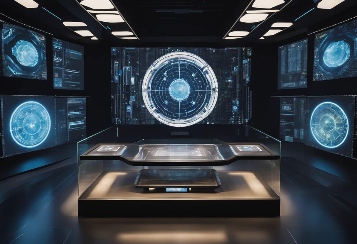 A futuristic holographic display projects ancient myths in a modern setting, captivating the audience with immersive storytelling