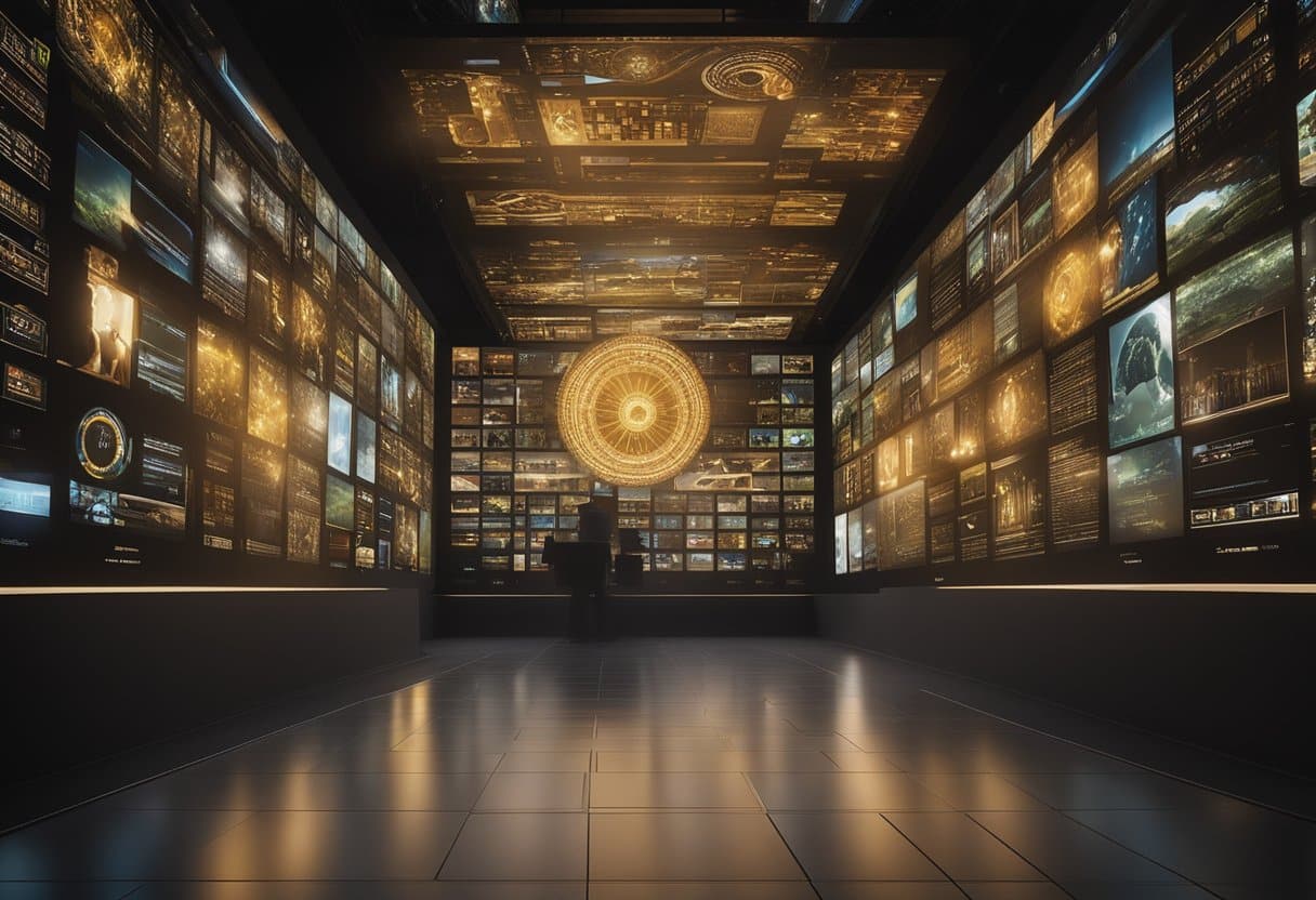 A glowing digital platform displays ancient myths to a captivated modern audience, merging technology and storytelling