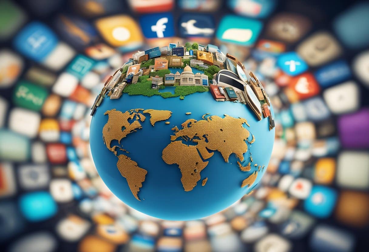 A diverse group of tech logos, including social media, travel, and cultural apps, surround a globe, symbolizing the interconnectedness of technology and cultural exploration