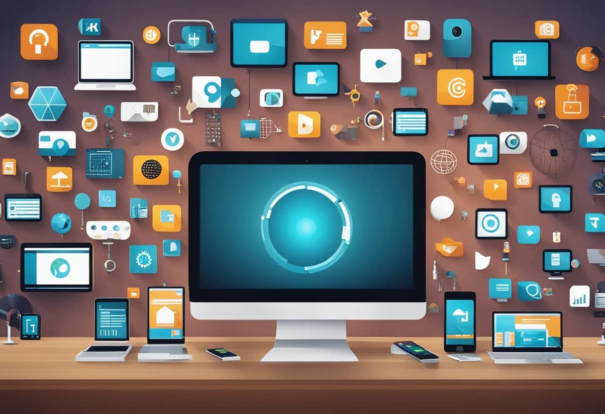 A group of diverse tech devices and cultural symbols coming together to form a vibrant online community. Collaboration and partnership are depicted through the seamless integration of technology and cultural elements