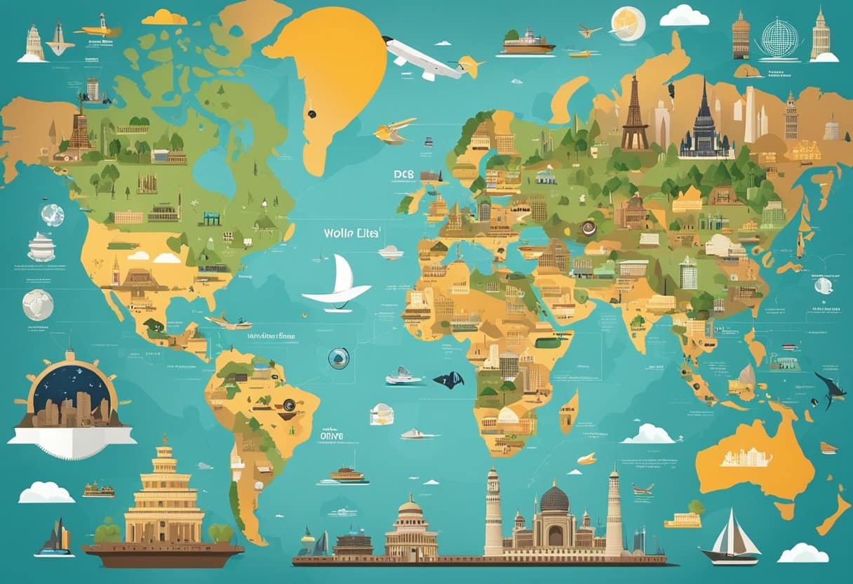 A colorful map of the world with various cultural landmarks and symbols, surrounded by digital devices and technology logos