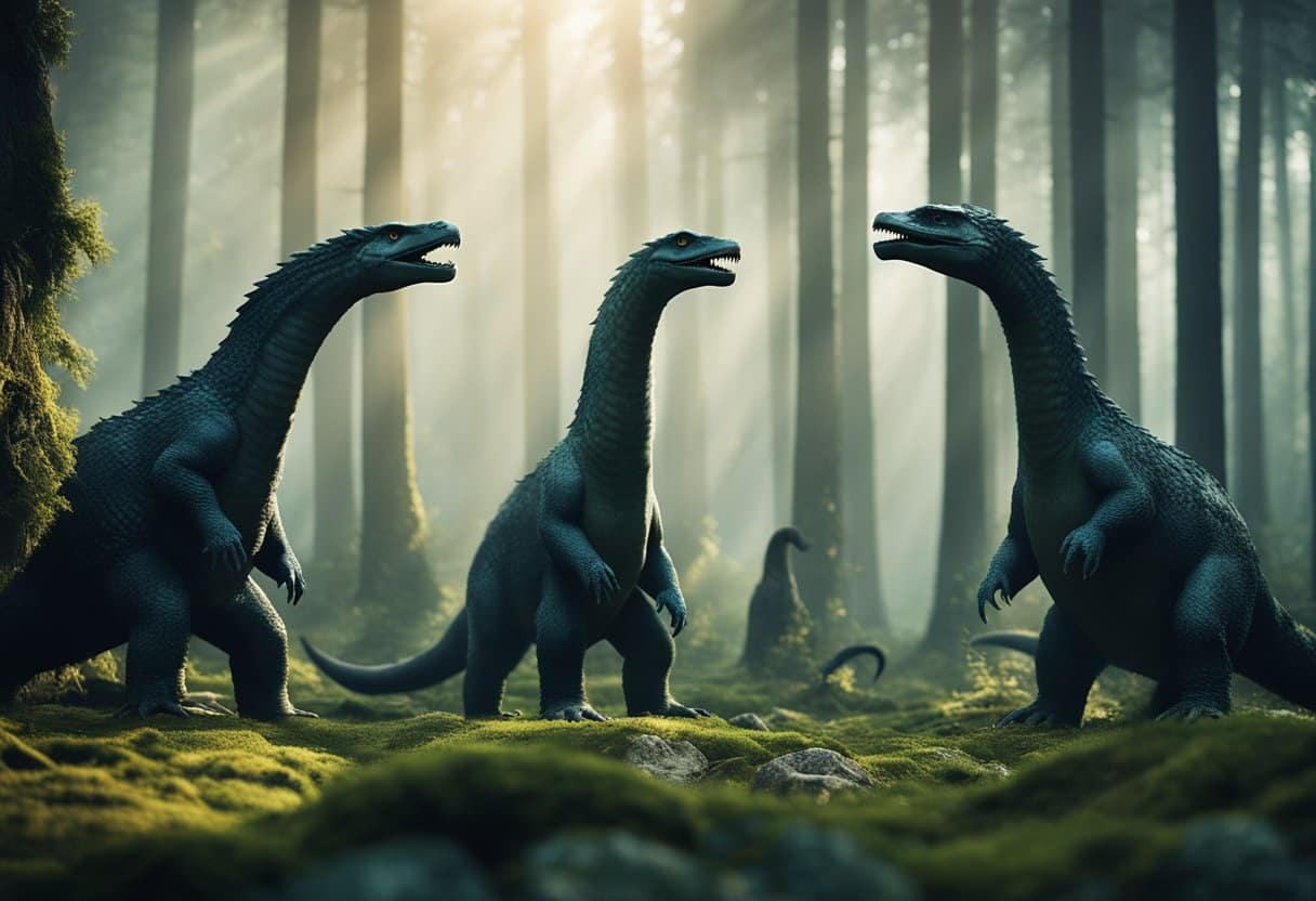Mystical creatures in global folklore - A gathering of cryptids from different cultures, including the Loch Ness Monster, Chupacabra, and Yeti, standing together in a mystical forest