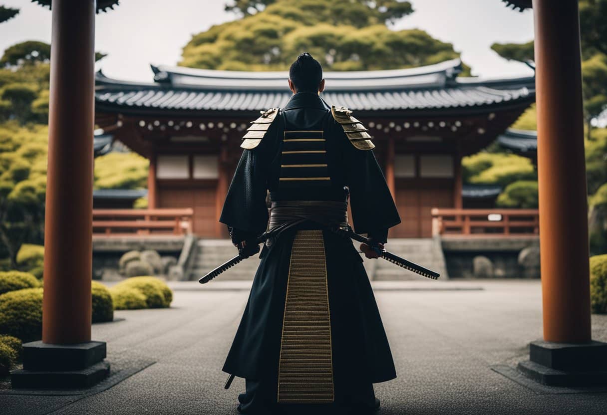 A modern samurai standing in front of a traditional Japanese temple, with a sleek katana at his side and the iconic samurai armor on display