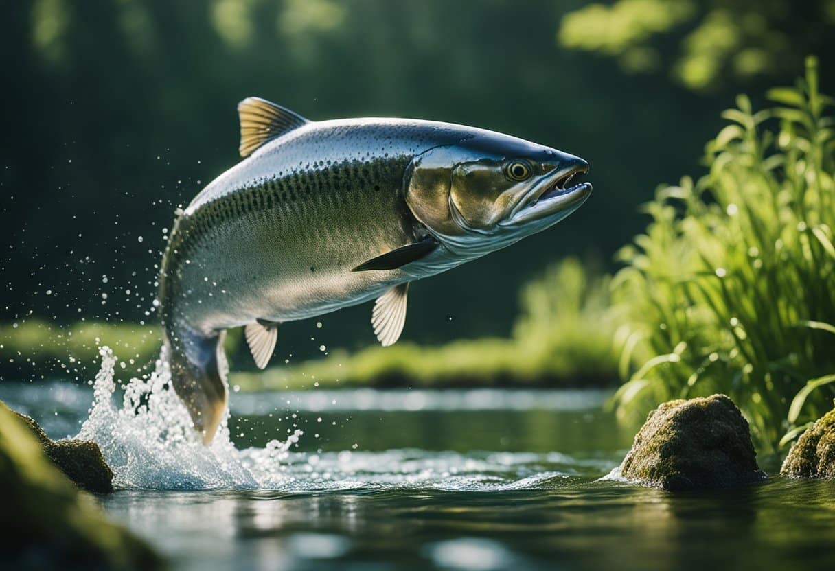 A sparkling river flows through a lush green landscape, with a majestic salmon leaping out of the water, symbolizing knowledge and wisdom