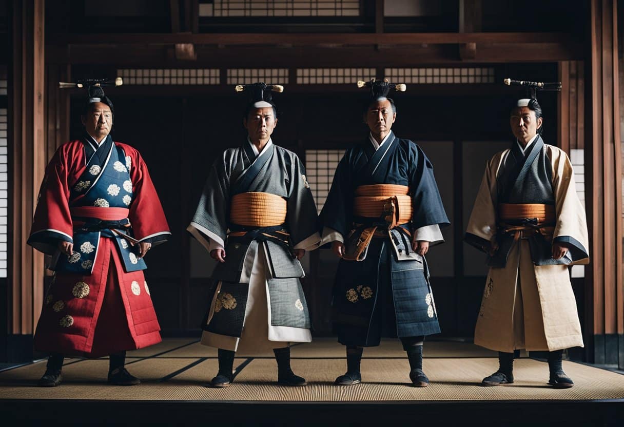 A group of samurai stand in a traditional Japanese castle, discussing political matters with a powerful shogun. The air is tense with the weight of their influence on Japanese politics