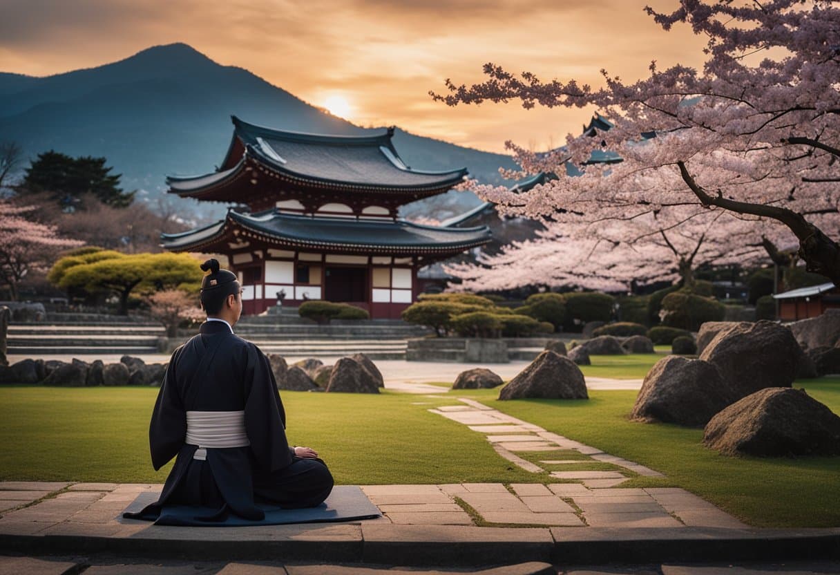 A lone samurai kneels in a peaceful garden, surrounded by cherry blossoms and a traditional Japanese pagoda. The sun sets in the distance as the warrior meditates on the principles of Bushido