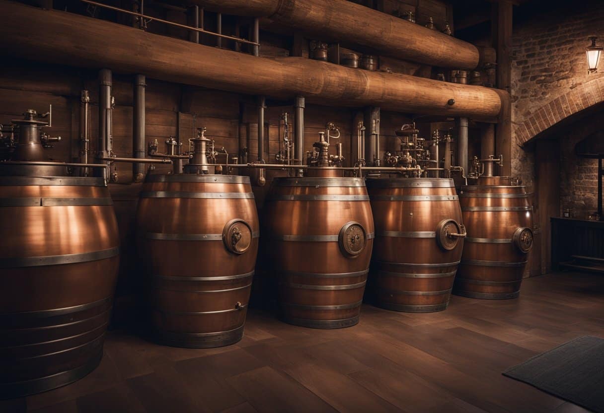 A copper still gleams in the dim light of the distillery. Wooden barrels line the walls, filled with aging spirits. An antique map of the region hangs nearby, adding a historical touch to the scene
