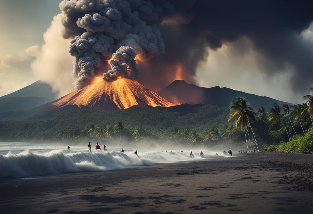 Natural Disasters in Island Nations: Villagers flee as a volcano erupts, while a tsunami crashes against the shore. The island is engulfed in chaos and destruction