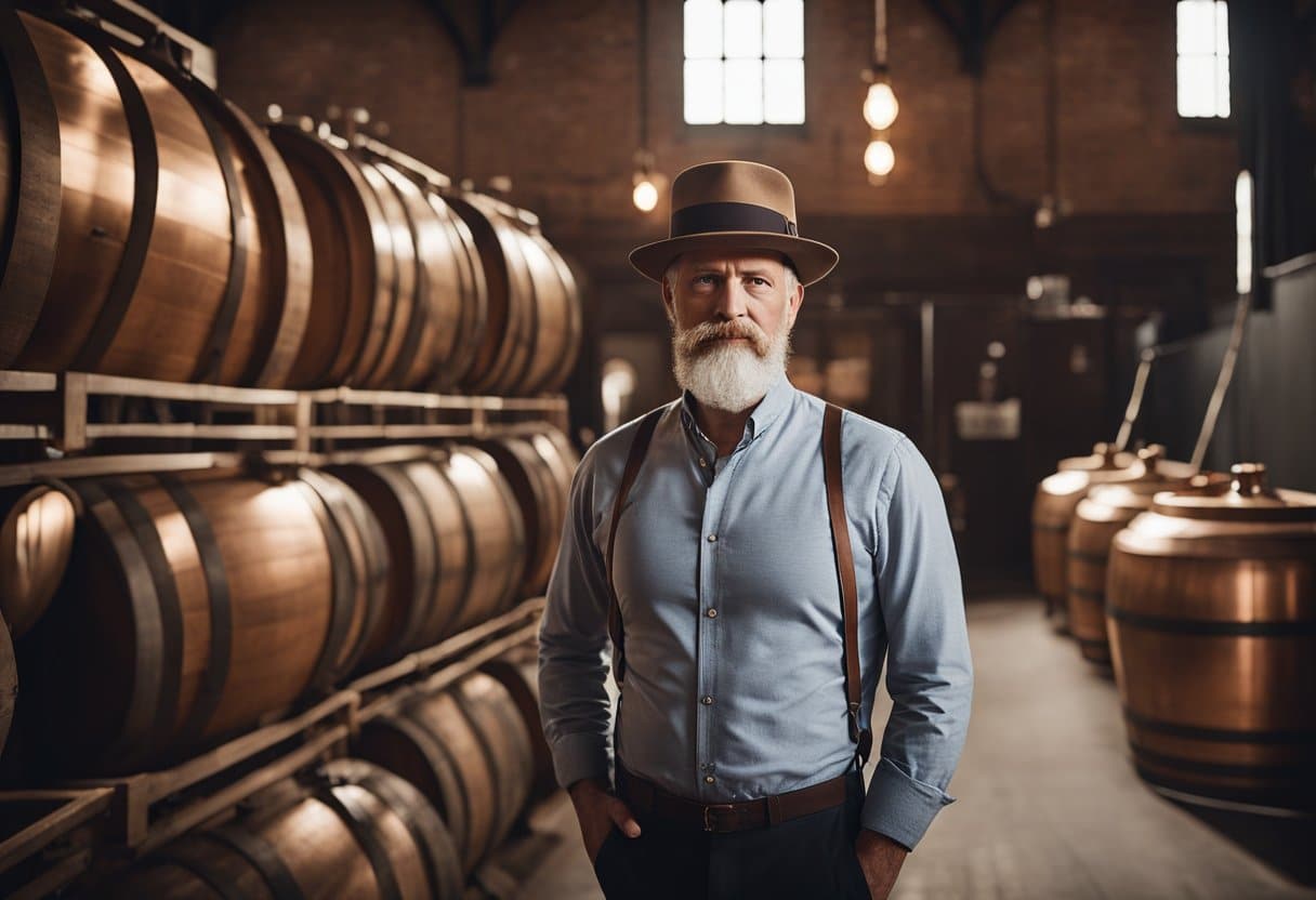 A distillery tour guide leads visitors through a historical distillery, showcasing the alchemy of alcohol production. The setting is filled with copper stills, oak barrels, and vintage equipment