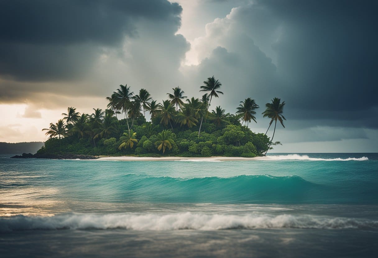 Natural Disasters in Island Nations: A tropical island with storm clouds gathering, waves crashing on the shore, and palm trees bending in the wind