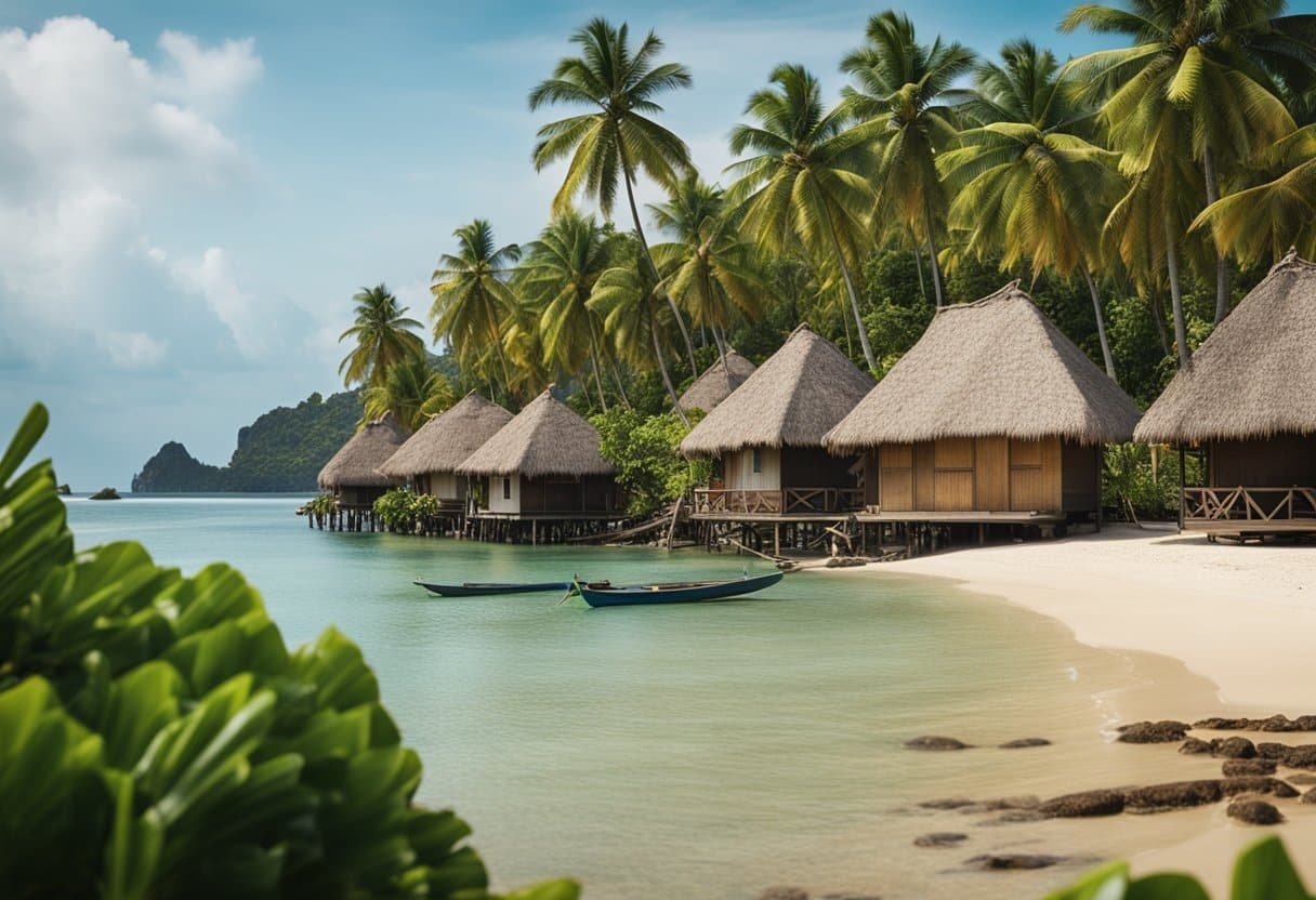Natural Disasters in Island Nations: An island village braces for a tsunami, with traditional huts and coconut trees in the background