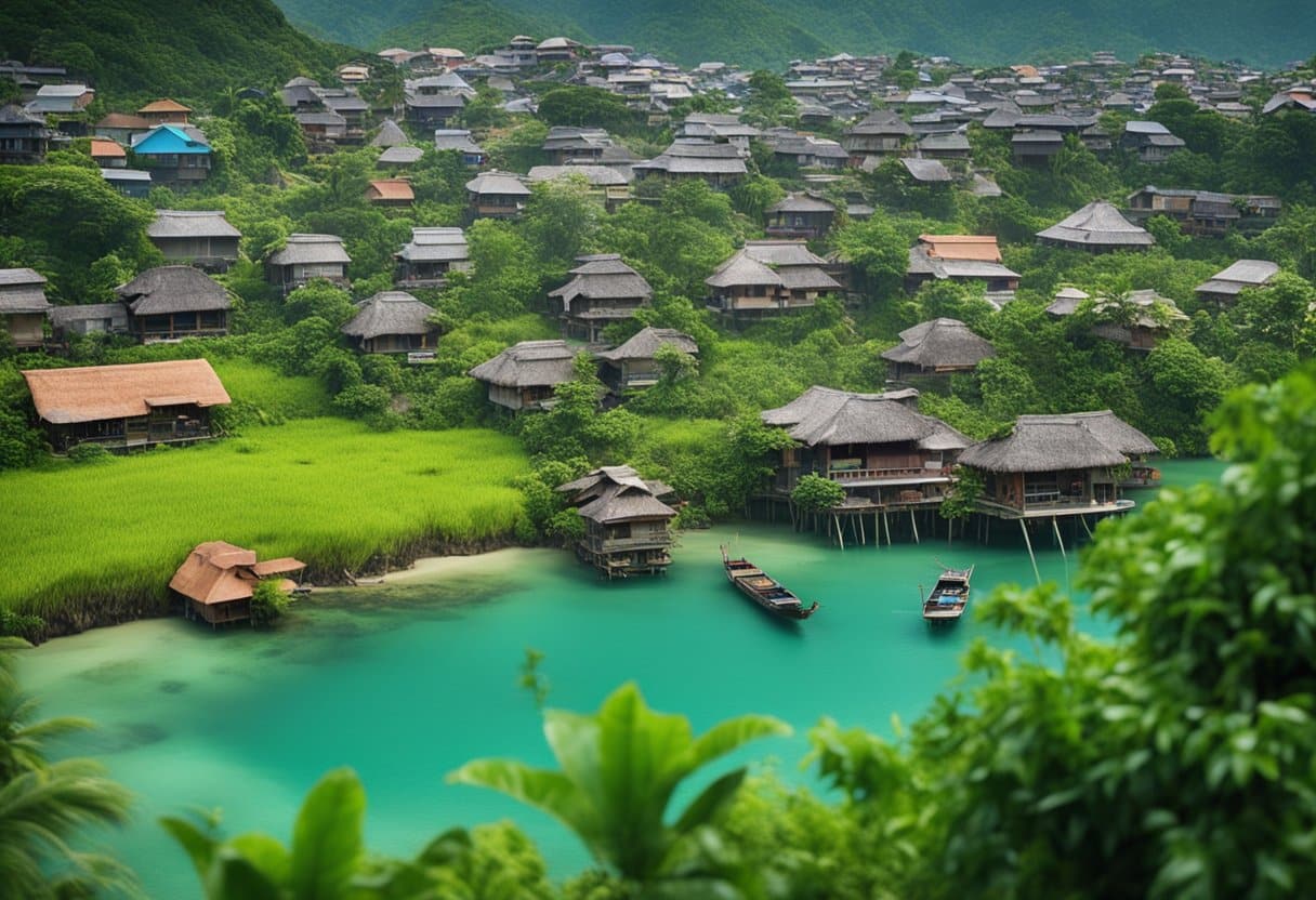 Natural Disasters in Island Nations: Vibrant island landscape with traditional homes and people fleeing from natural disasters