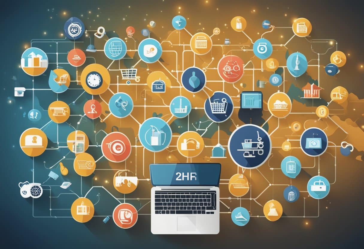 A diverse array of cultural symbols and products flow through digital pathways, connecting people from around the world through e-commerce platforms