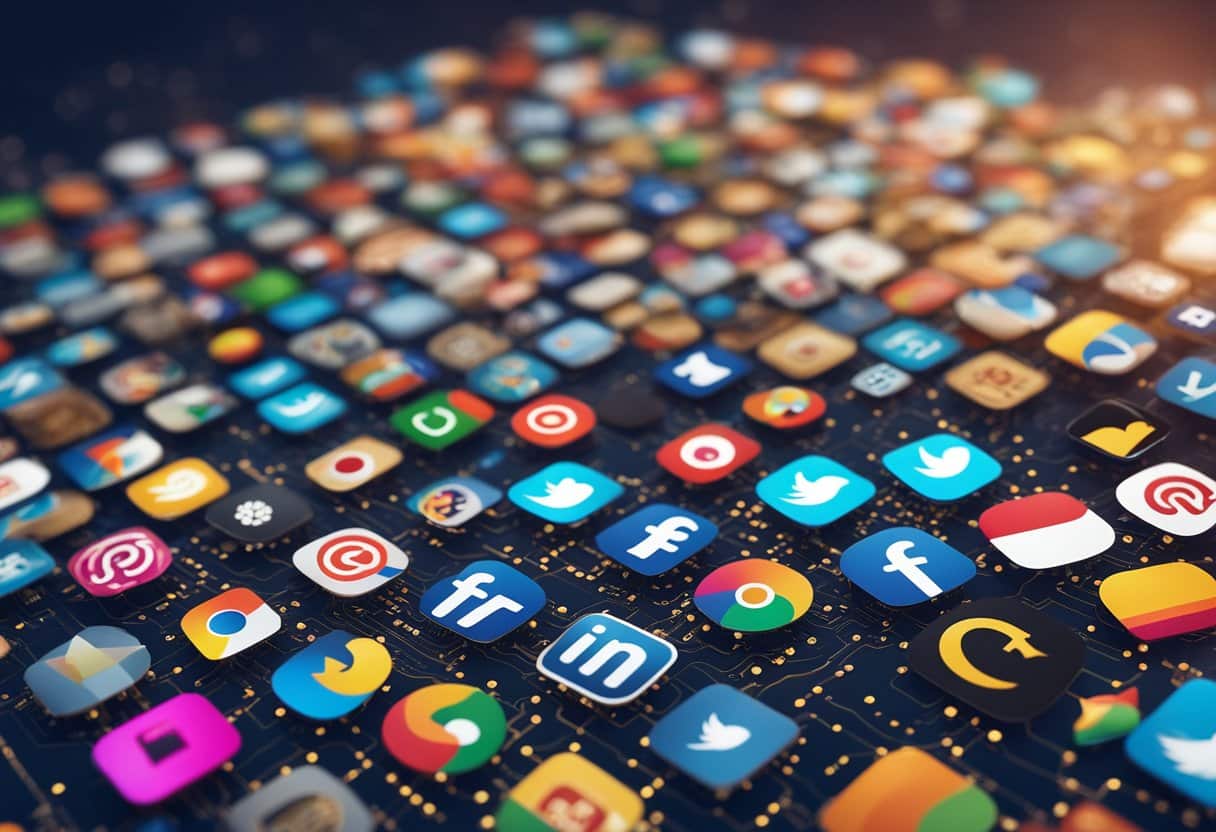 A diverse array of global symbols and icons, representing different cultures, are interconnected through digital and virtual platforms, showcasing the role of social media in bridging e-commerce and fostering cultural exchange