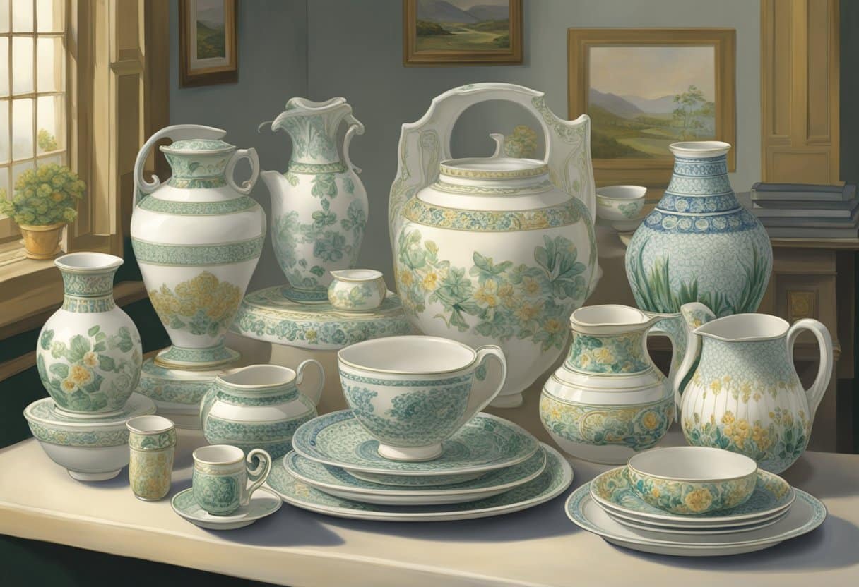 A display of Belleek pottery through the ages, from traditional designs to modern innovations, showcasing the evolution of Irish ceramic art