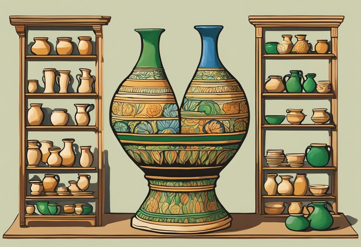 A pottery wheel spins as a skilled artisan molds clay into a traditional Irish vase. Shelves are lined with colorful, hand-painted ceramics, showcasing the evolution of Irish pottery in the modern age